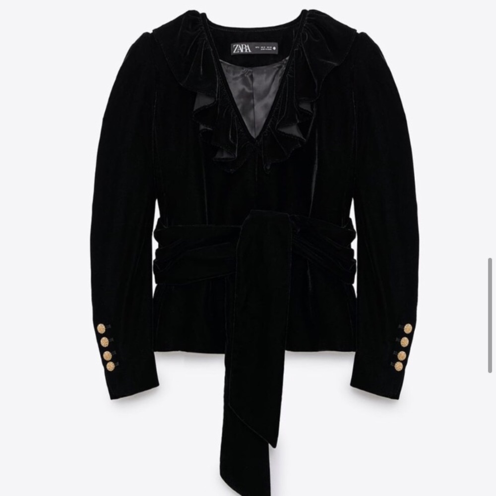 🌙ZARA black ruffled tie belt velvet blazer🌙 - Picture 2 of 10